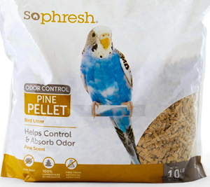 Bag with blue Budgie of small wood pine pellets for bedding