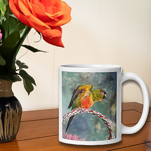 Colorful photo of Sunday Conure with her wings up sitting on comfy perch with multicolor background
on premium white glossy mug, perfectly weighted in 11oz size
