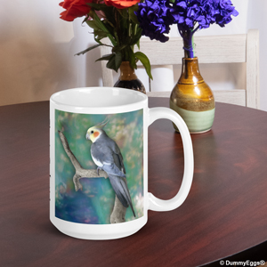 classic grey Cockatiel sitting on a perch with a colorful backdrop. The words "Classic Cockatiel” are shown on this white ceramic mug teacup