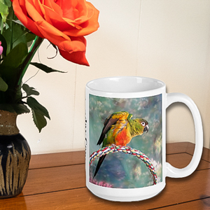 Colorful photo of Sunday Conure with her wings up sitting on comfy perch with multicolor background
on premium white glossy mug, perfectly weighted in large 15oz size