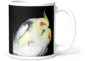 photograph perfectly captures the bond between this pair of Cockatiels printed on standard white mug