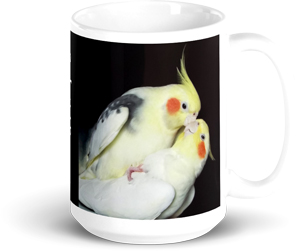 photograph perfectly captures the bond between this pair of Cockatiels printed on large white mug