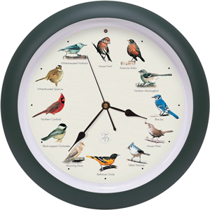 round 13" clock with different wild birds at each hour, chimes with each wild bird song