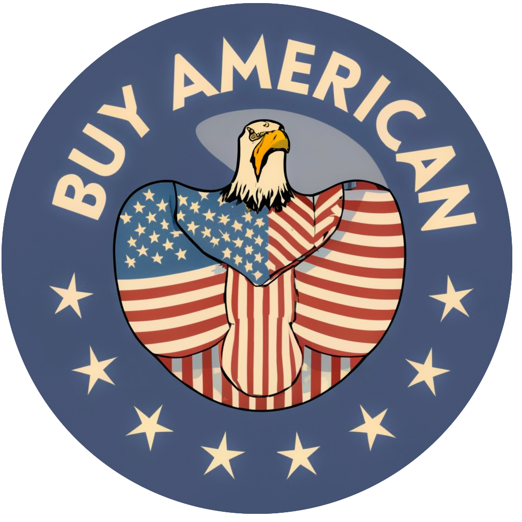 Buy American round symbol denim blue, eagle in middle dressed in american flag
