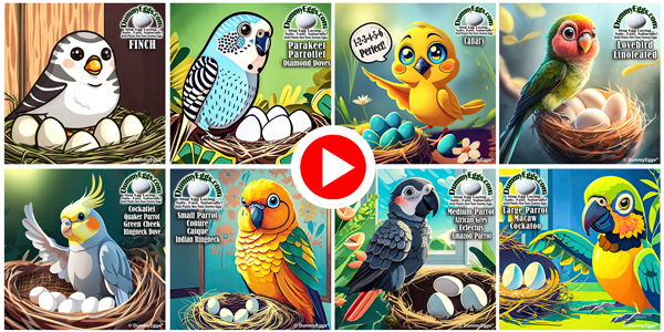 A collage of eight vibrant illustrations depicting a variety of cute, cartoon birds, each in a nest with eggs. The images feature species labels like finch, parakeet, and lovebird