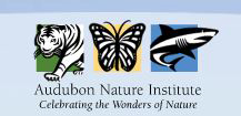 Logo of the audubon nature institute featuring a white tiger, orange-and-black butterfly, and blue shark on colored backgrounds with text celebrating the wonders of nature below.