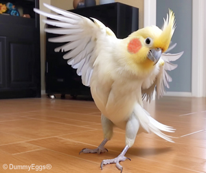 A lively cockatiel with a prominent yellow crest and orange cheek patches flaps its wings mid-motion against a home interior backdrop, featuring a dark tiled floor and black cabinets.