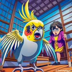 Illustration of a large, vibrant cockatiel in the foreground with spread wings inside a room, looking surprised at a woman with glasses behind it who also appears shocked. the setting includes wooden beams and flooring.