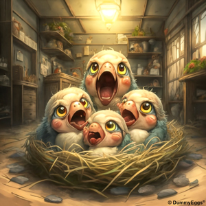 illustration of four cartoon chicks with gaping mouths and large, expressive eyes huddled in a nest inside a room surrounded by shelves filled with various items.