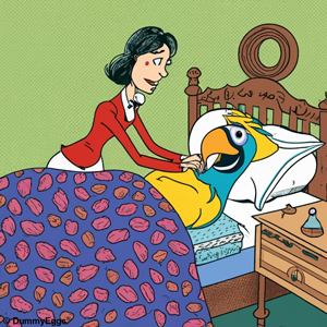 Illustration of a woman in a red suit fluffing a pillow with a large, blue and gold macaw tucked in under a patterned quilt on a bed, next to a wooden nightstand, in a green-walled room.
