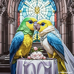two cartoon-style parakeets getting married at their own wedding, the one on the left green, and right blue and white, large expressive eyes, female wears a veil and jewelry at an altar with pink roses. A stained glass window forms the background.