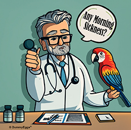 A cartoon depicting a doctor with a white coat and stethoscope talking to a parrot sitting on a desk. the parrot speaks in a speech bubble, 