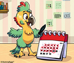 Cute wide eyed yellow and green female bird cartoon, standing next to a big calender with days crossed off by the quill she is holding in her green wing.