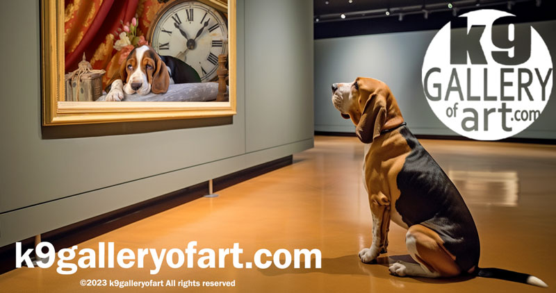 Basset Hound Visiting a museum, sitting on wood floor staring at large realistic painting of a basset hound in an outstretched position with German themed decor representative of its heritage
