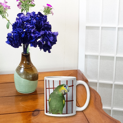 Photo of Blue Fronted Amazon Parrot for Bird Lovers
on premium white glossy mug, perfectly weighted in standard size on a table with flowers