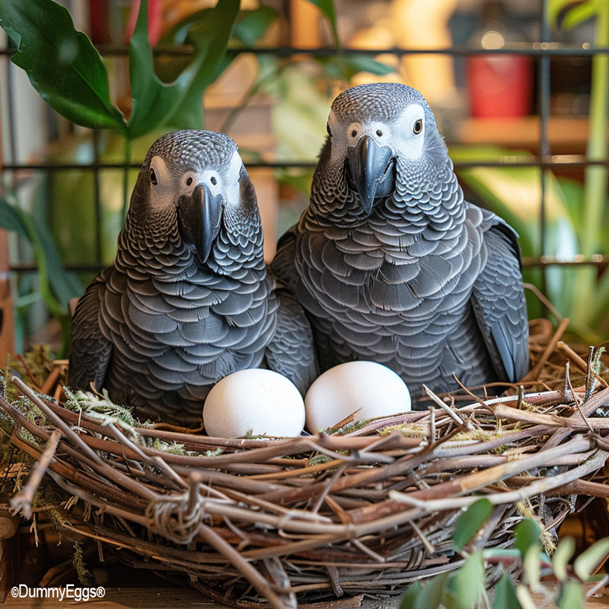 2 blue and gold macaws happily watch over their 2 dummy eggs in a nest on their perch in their cage.