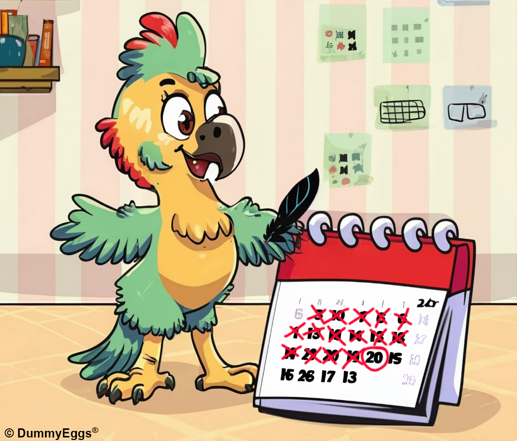 Cute wide eyed female bird cartoon, standing next to a big calender with dates crossed off, holding a feather quill to show the incubation time