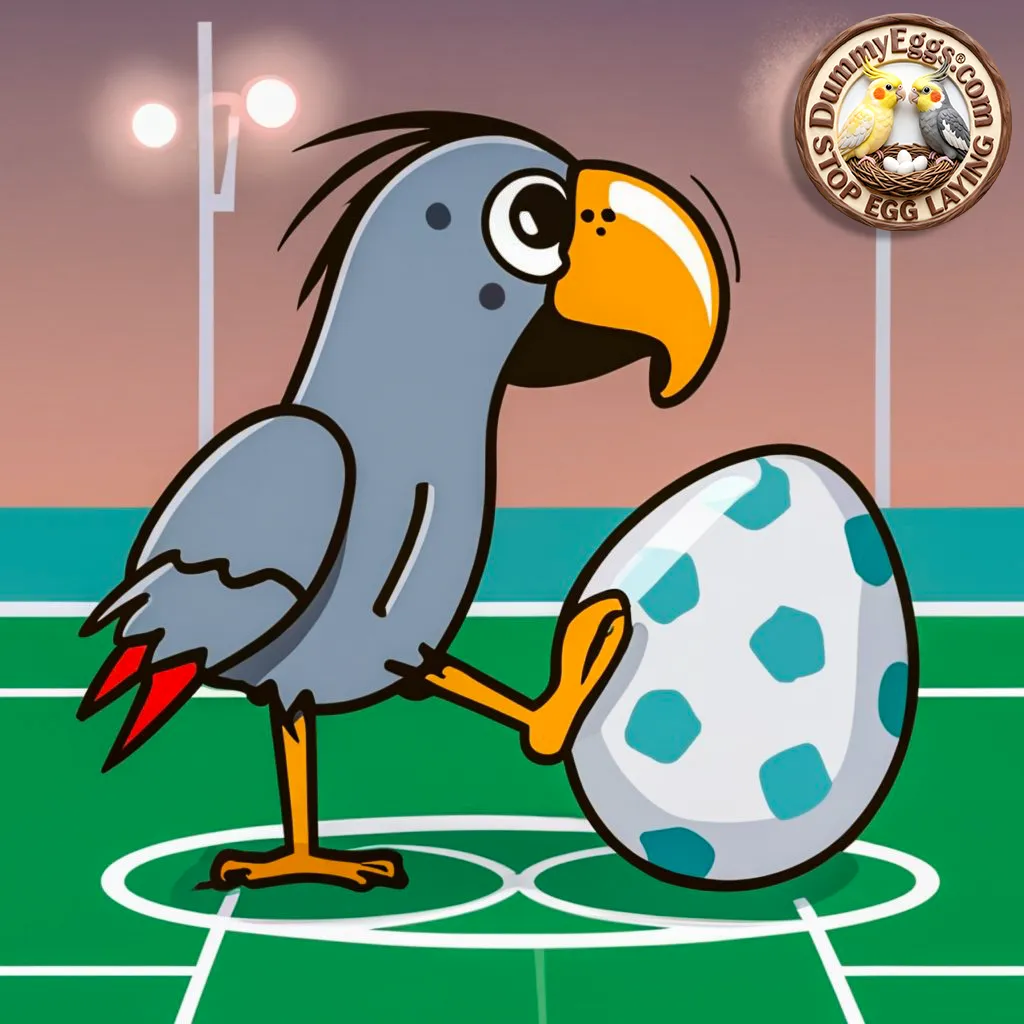 A cartoon of an african grey parrot standing on a sports field about to kick a giant egg into a goal.