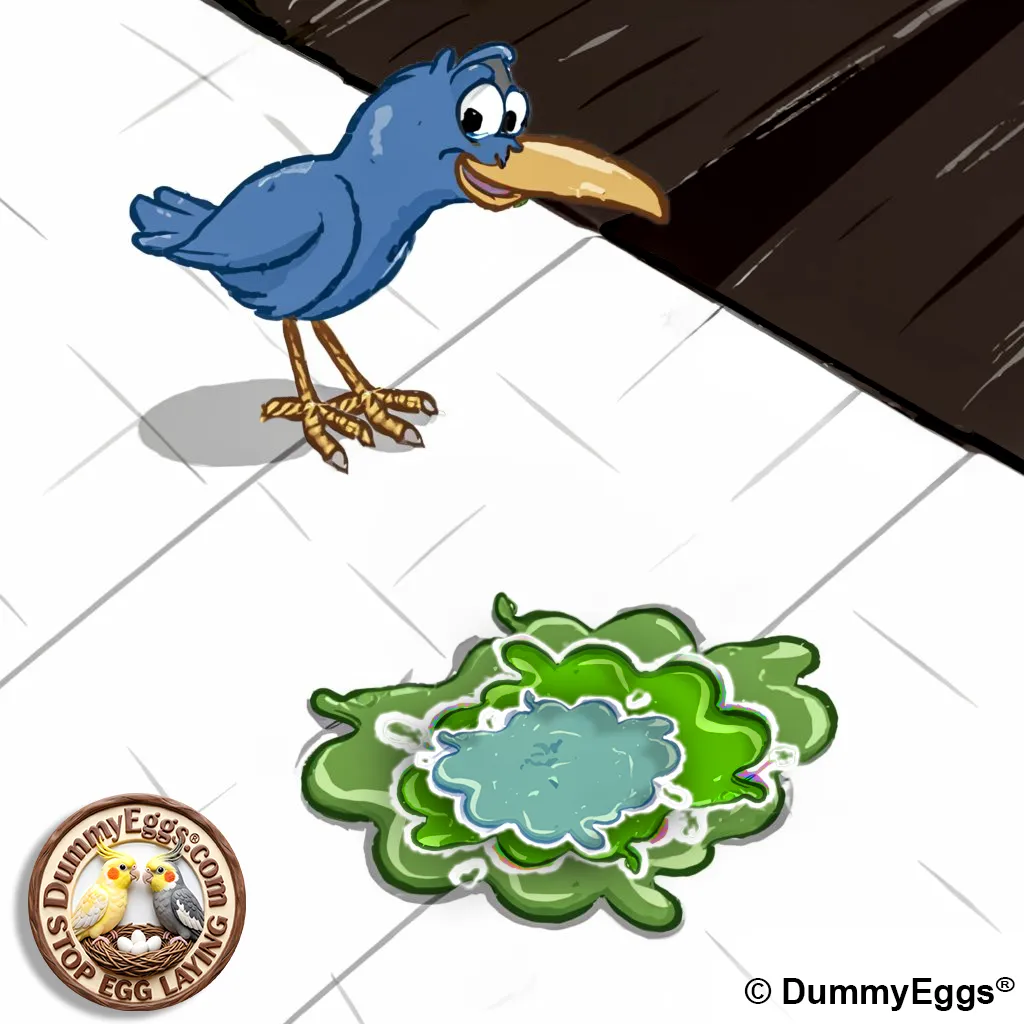 A smaller blue bird with a prominent yellow beak looks sheepishly at a big green and blue splat, cartoon