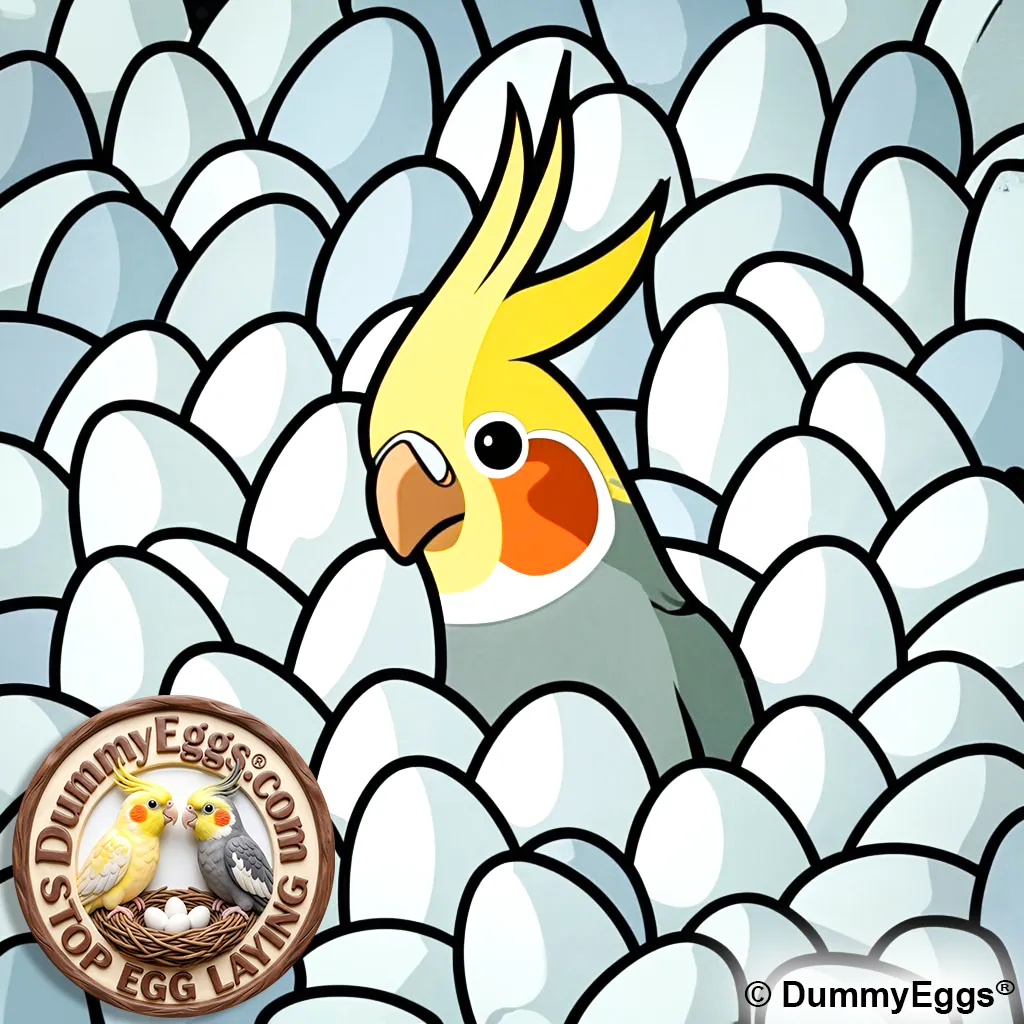 A cartoon illustration of a vibrant cockatiel peeking out from a sea of uniform white eggs. the cockatiel has a bright yellow crest, orange cheeks, and a playful expression.