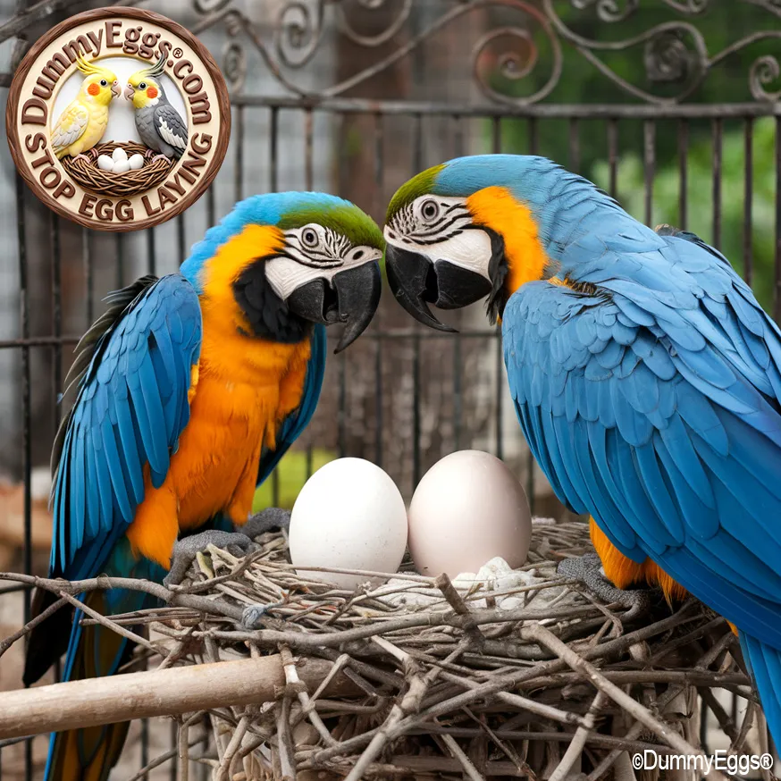 2 blue and gold macaws happily watch over their 2 dummy eggs in a nest on their perch in their cage.