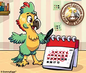 Cute wide eyed yellow and green female bird cartoon, standing next to a big calender with days crossed off by the quill she is holding in her green wing.