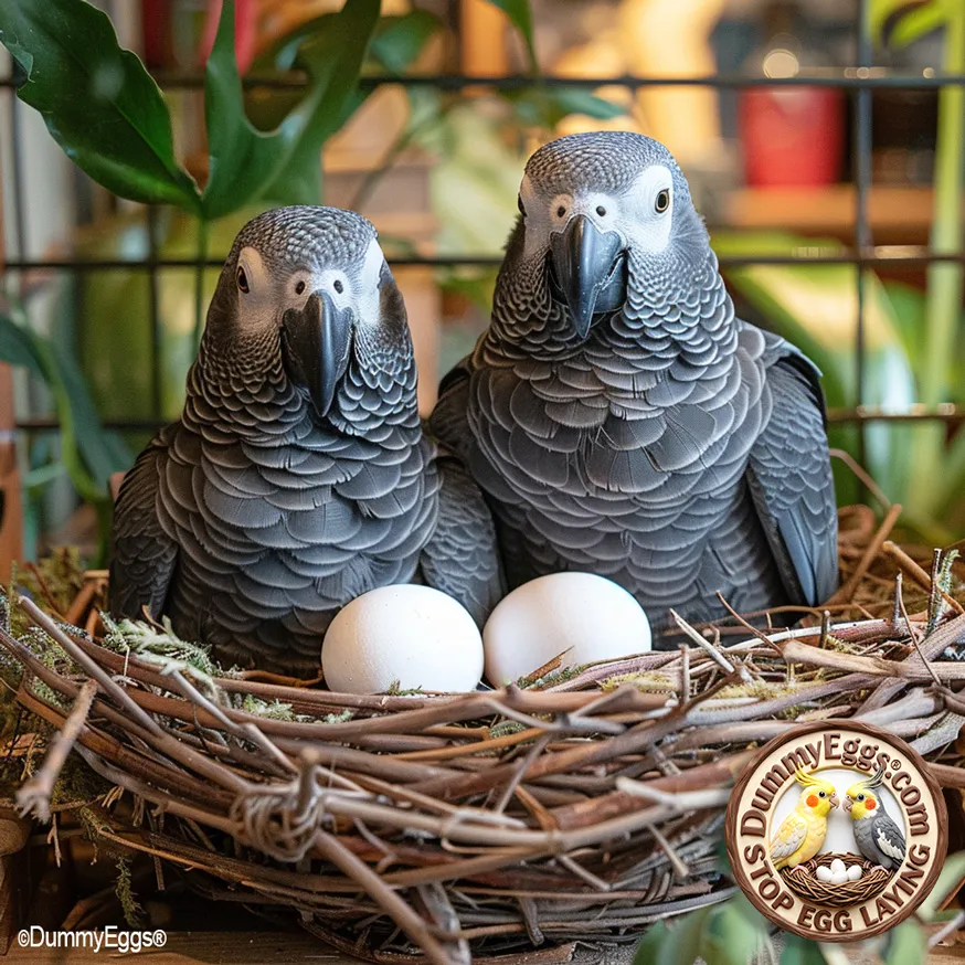 2 blue and gold macaws happily watch over their 2 dummy eggs in a nest on their perch in their cage.