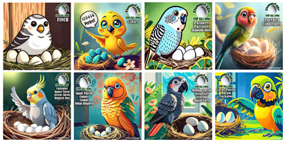 cartoon collage of pet birds, budgie, canary, finch, conure, lovebird, african grey, amazon parrot, quaker parrot, diamond dove, macaw, cockatoo, eclectus, ringneck dove, indian ringneck, lineoleated parakeet